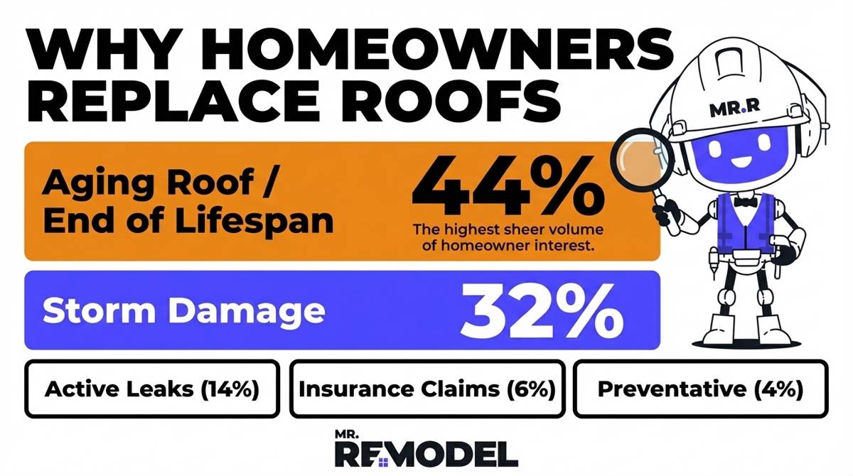 Infographic showcasing the triggers and reasons why homeowners replace their roofing.